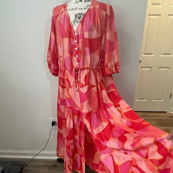 SMOCKED MAXI DRESS Sz 3XL PINK/ORANGE TIERED 3/4 Sleeve BOHO CHIC 100% RAYON - Picture 16 of 16